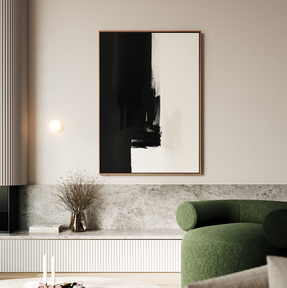 Minimalist living room with a green curved armchair, marble bench, and the Ink Divide Canvas Art - Vertical above a vase of dried branches. Neutral tones and soft lighting enhance the space’s modern elegance.