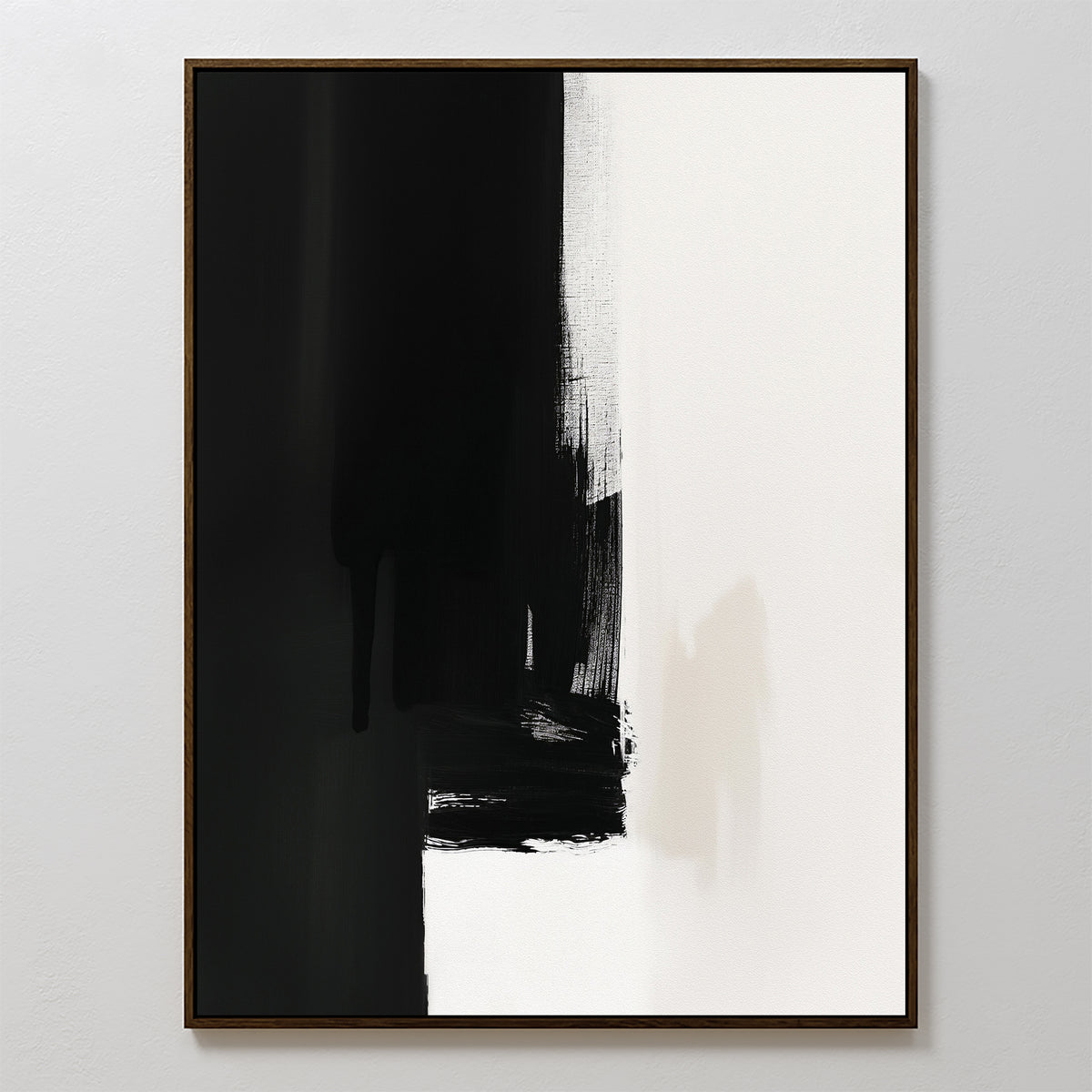 Ink Divide Canvas Art - Vertical showcases bold black and white vertical brushstrokes with textured edges, creating a modern, elegant look. This contemporary wall art comes framed in a sleek, thin frame.
