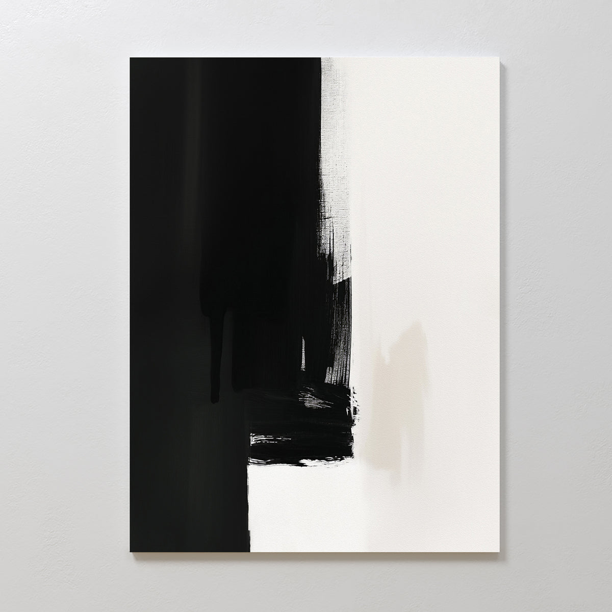 Ink Divide Canvas Art - Vertical features a bold black brushstroke on the left with white background on the right and textured blending in the center, bringing minimalist modern elegance to any space.