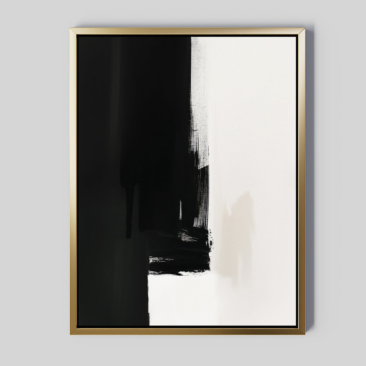 Ink Divide Canvas Art - Vertical features bold black brushstrokes on the left fading into white, framed in gold for striking contrast and modern elegance—an ideal piece of contemporary wall art.