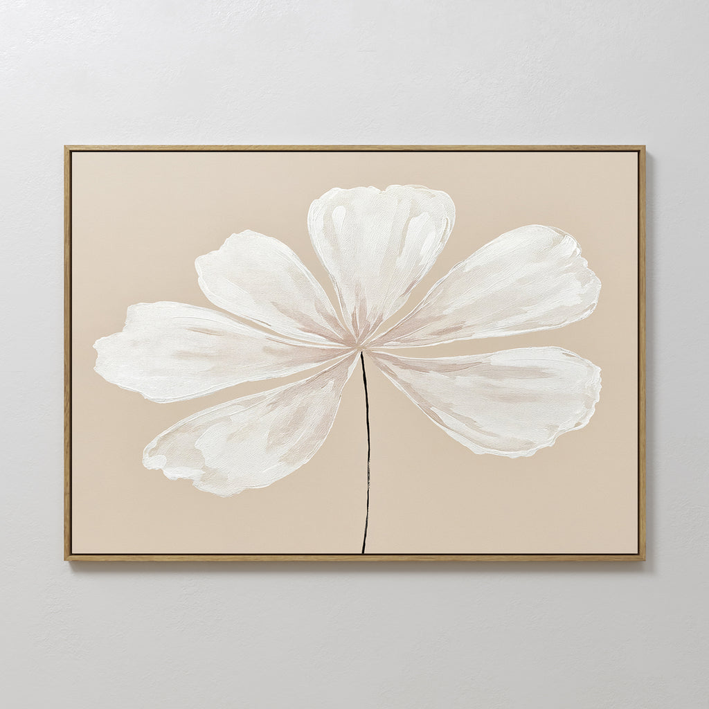 Ivory Bloom Canvas Art - Horizontal: a minimalist canvas print of a single white flower with six large petals and a thin black stem on beige, framed in a slim border—ideal as neutral wall decor or botanical wall art.