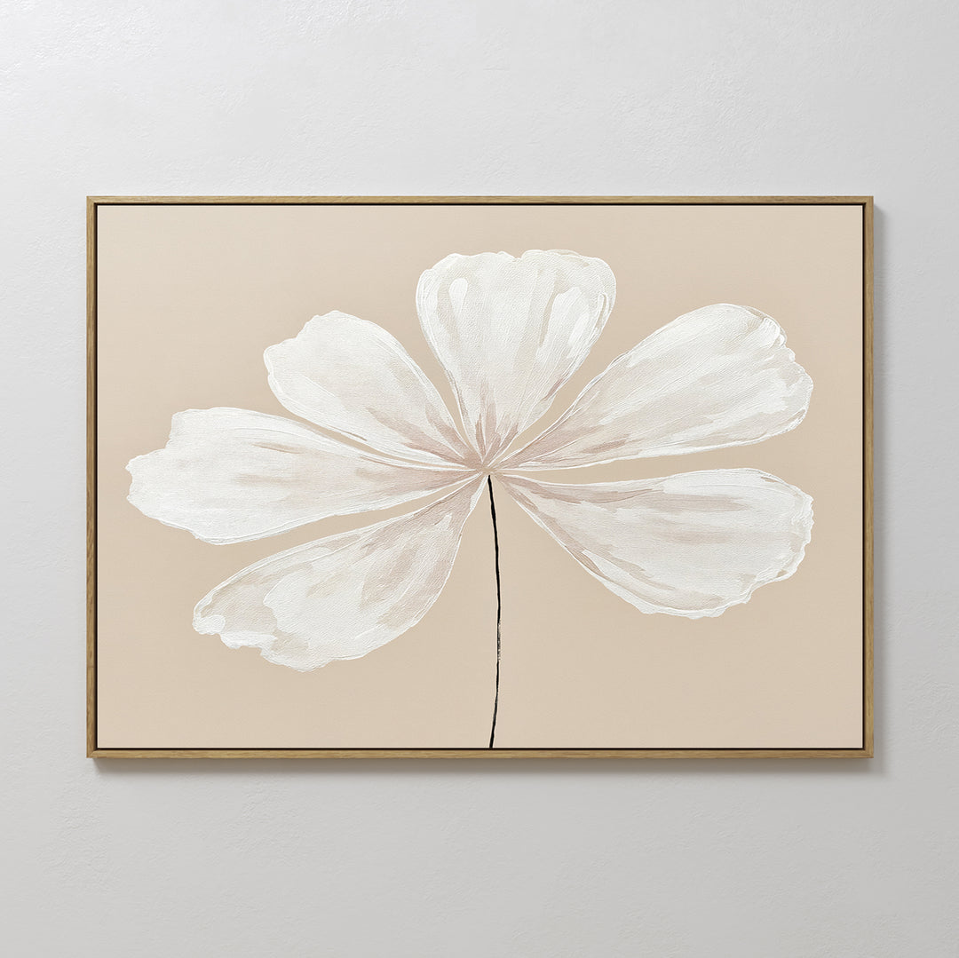 Ivory Bloom Canvas Art - Horizontal: a minimalist canvas print of a single white flower with six large petals and a thin black stem on beige, framed in a slim border—ideal as neutral wall decor or botanical wall art.