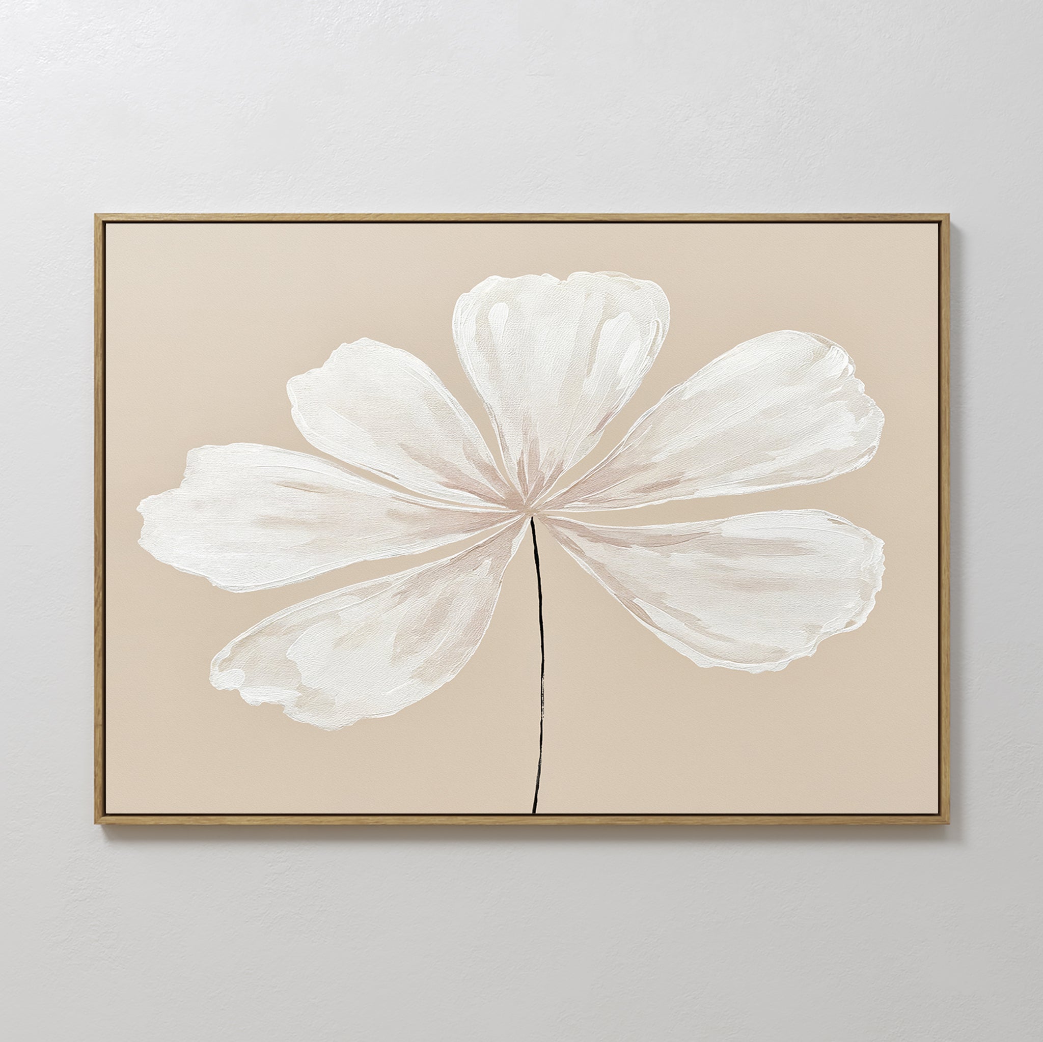 Ivory Bloom Canvas Art - Horizontal: a minimalist canvas print of a single white flower with six large petals and a thin black stem on beige, framed in a slim border—ideal as neutral wall decor or botanical wall art.
