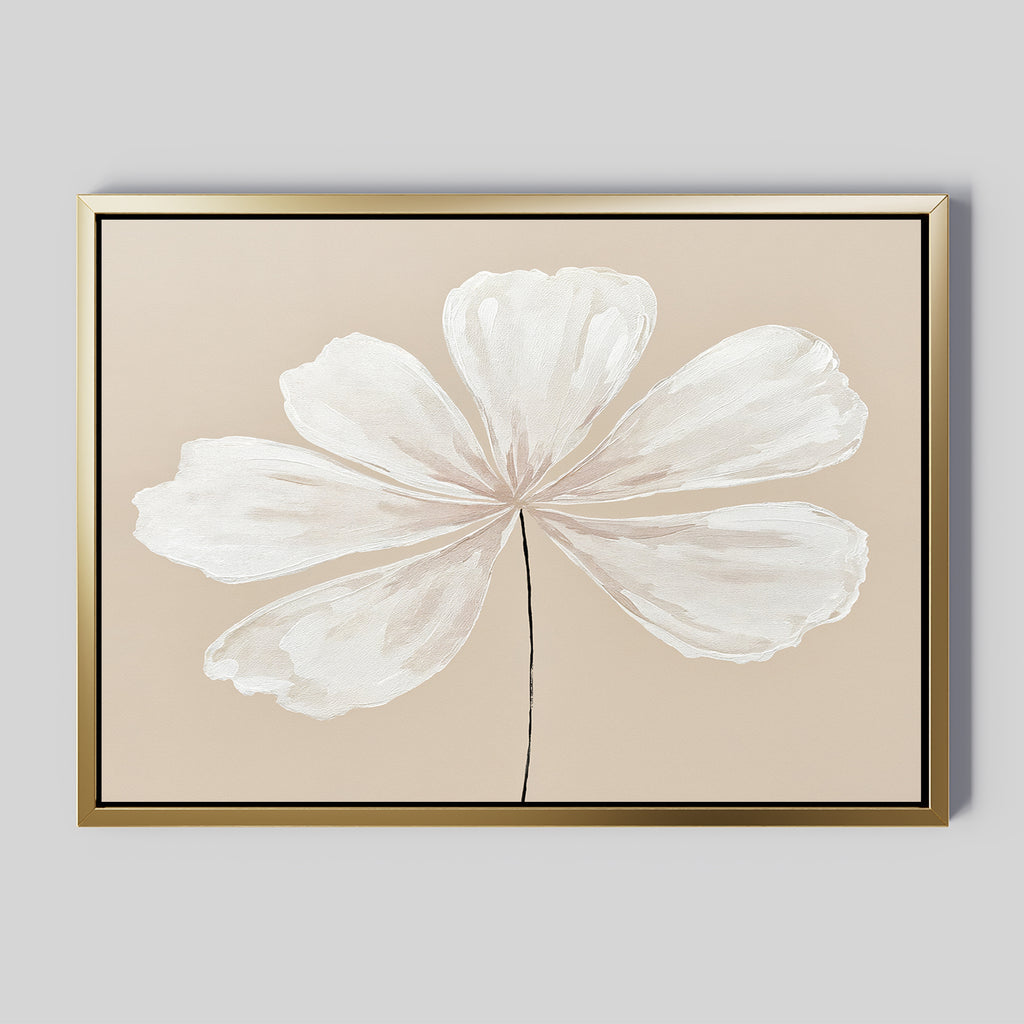 The Ivory Bloom Canvas Art - Horizontal features a single white flower with six large petals on a beige background, set in a thin gold frame—ideal neutral wall decor or botanical wall art for any space.