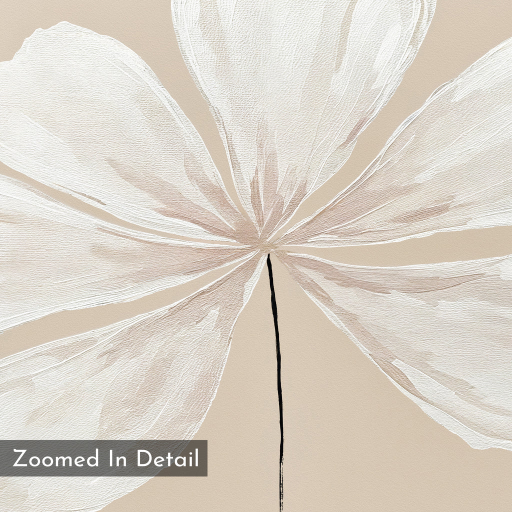 A close-up of the Ivory Bloom Canvas Art - Horizontal features large white petals and a thin black stem on a beige background, perfect as neutral wall decor. "Zoomed In Detail" appears in the bottom left corner.