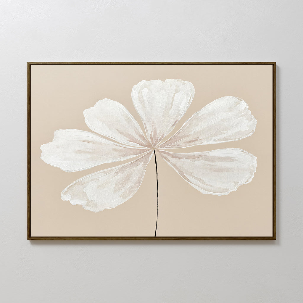 The Ivory Bloom Canvas Art - Horizontal features a minimalist, framed design of a large white six-petal abstract flower on a beige background, ideal as neutral wall decor for light-colored walls.