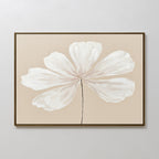 The Ivory Bloom Canvas Art - Horizontal features a minimalist, framed design of a large white six-petal abstract flower on a beige background, ideal as neutral wall decor for light-colored walls.