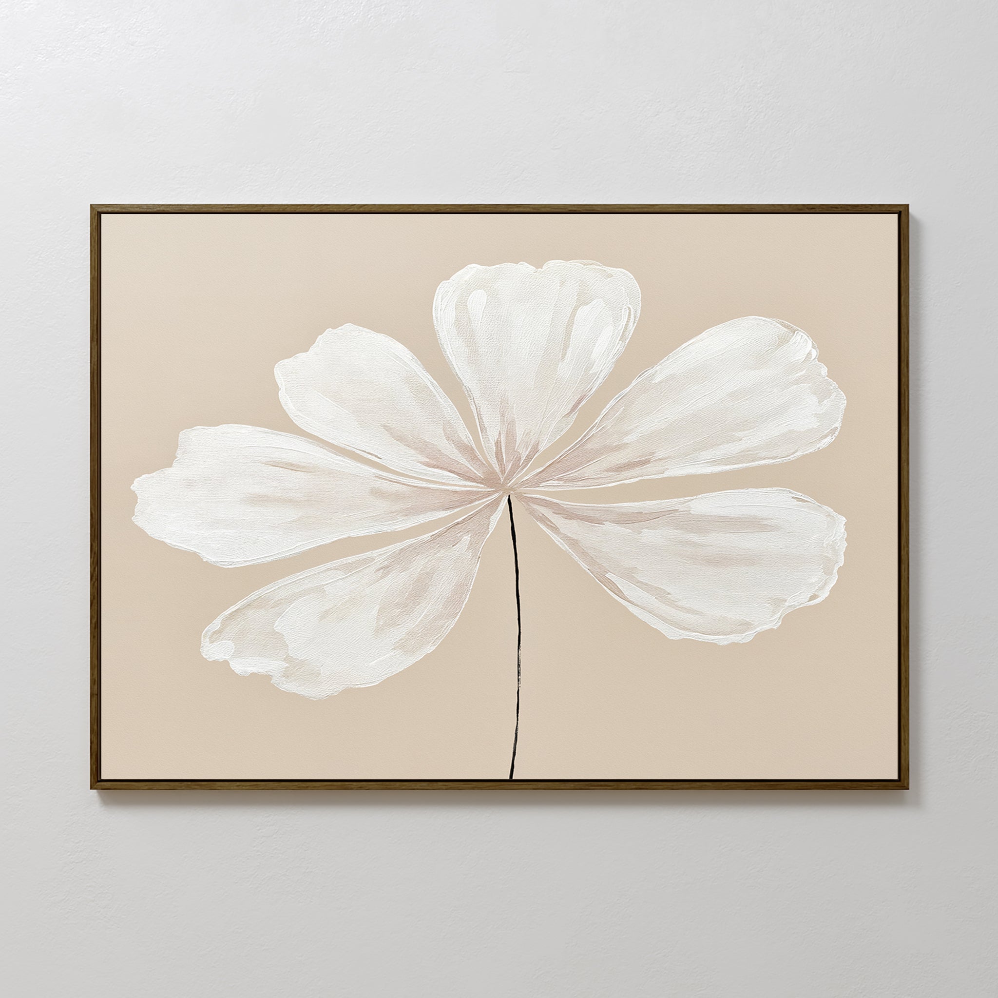 The Ivory Bloom Canvas Art - Horizontal features a minimalist, framed design of a large white six-petal abstract flower on a beige background, ideal as neutral wall decor for light-colored walls.
