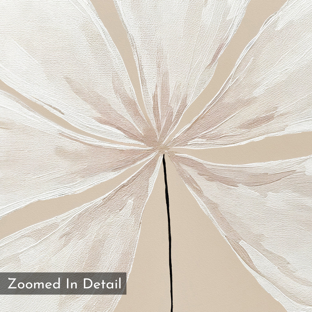 Close-up of Ivory Bloom Canvas Art - Square, a minimalist canvas print with abstract beige and white flower petals, fine lines, and textured strokes. "Zoomed In Detail" label at bottom left—ideal for neutral home decor.