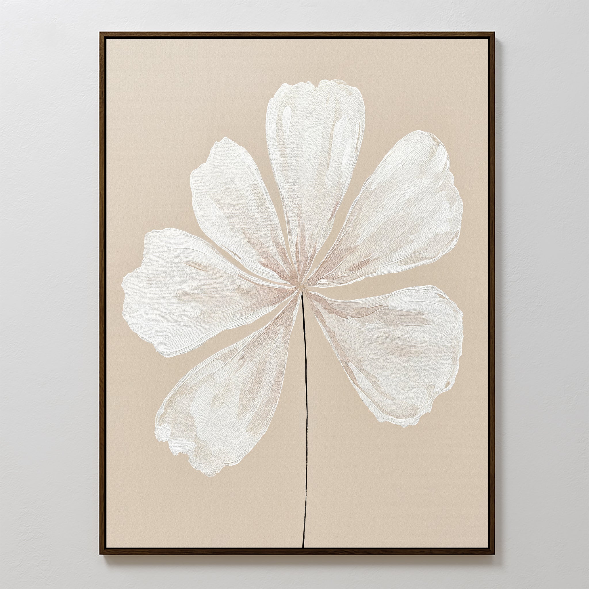 The Ivory Bloom Canvas Art - Vertical showcases a large white abstract six-petal flower on a beige background in a slim dark frame, adding subtle elegance to any neutral home décor.