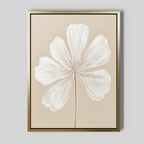 The Ivory Bloom Canvas Art - Vertical features a minimalist white six-petal flower on beige with a gold frame, making it ideal botanical wall art for neutral home decor.