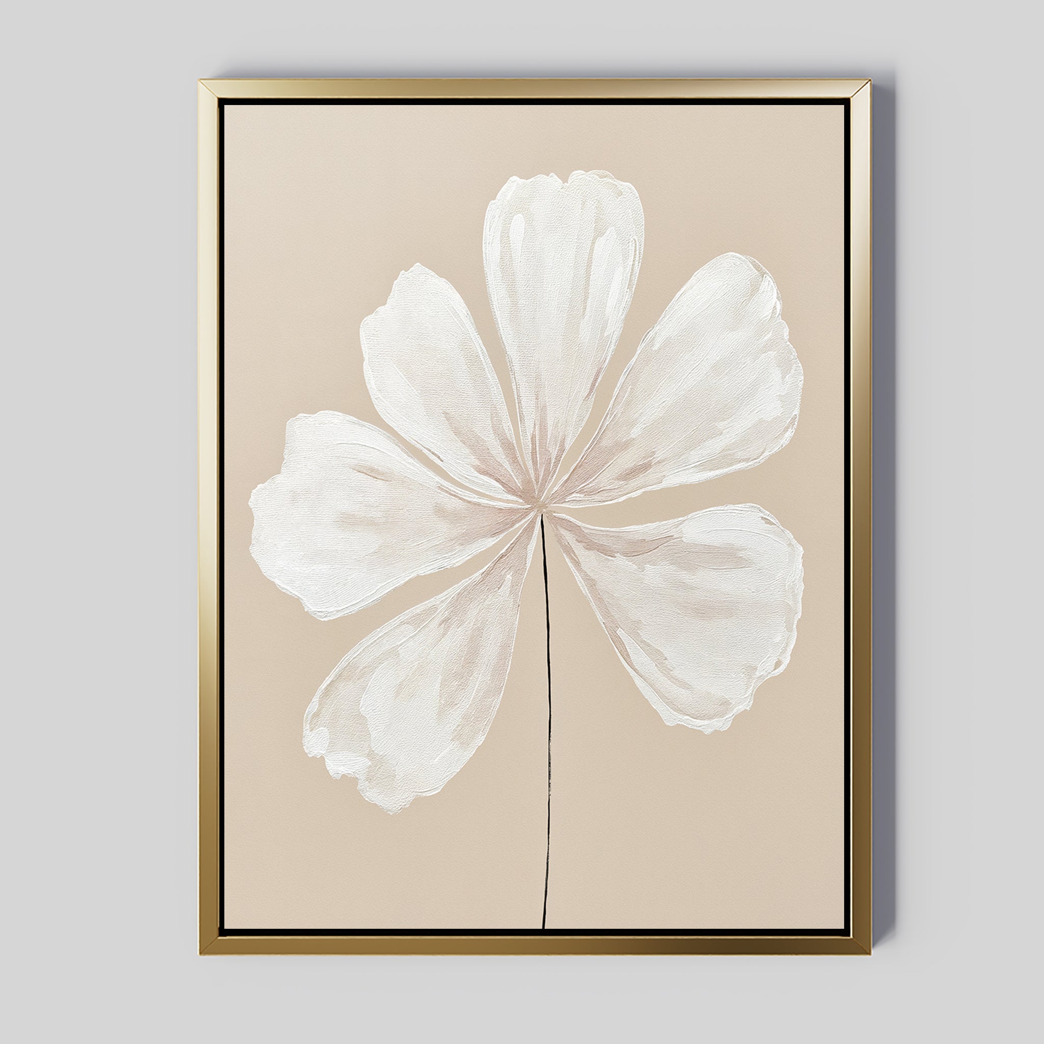 The Ivory Bloom Canvas Art - Vertical features a minimalist white six-petal flower on beige with a gold frame, making it ideal botanical wall art for neutral home decor.
