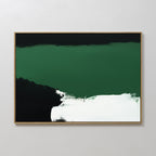 Jade Depths Canvas Art - Horizontal features bold, abstract layers of dark green, black, and white on canvas in a slim light wood frame—an elegant emerald green accent for any white wall.