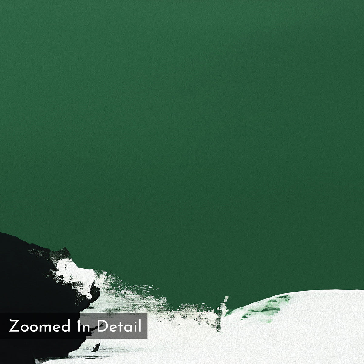 A digital image of the Jade Depths Canvas Art - Horizontal features emerald green wall art with black and white abstract strokes at the bottom. A translucent black box at the lower left shows the text "Zoomed In Detail.