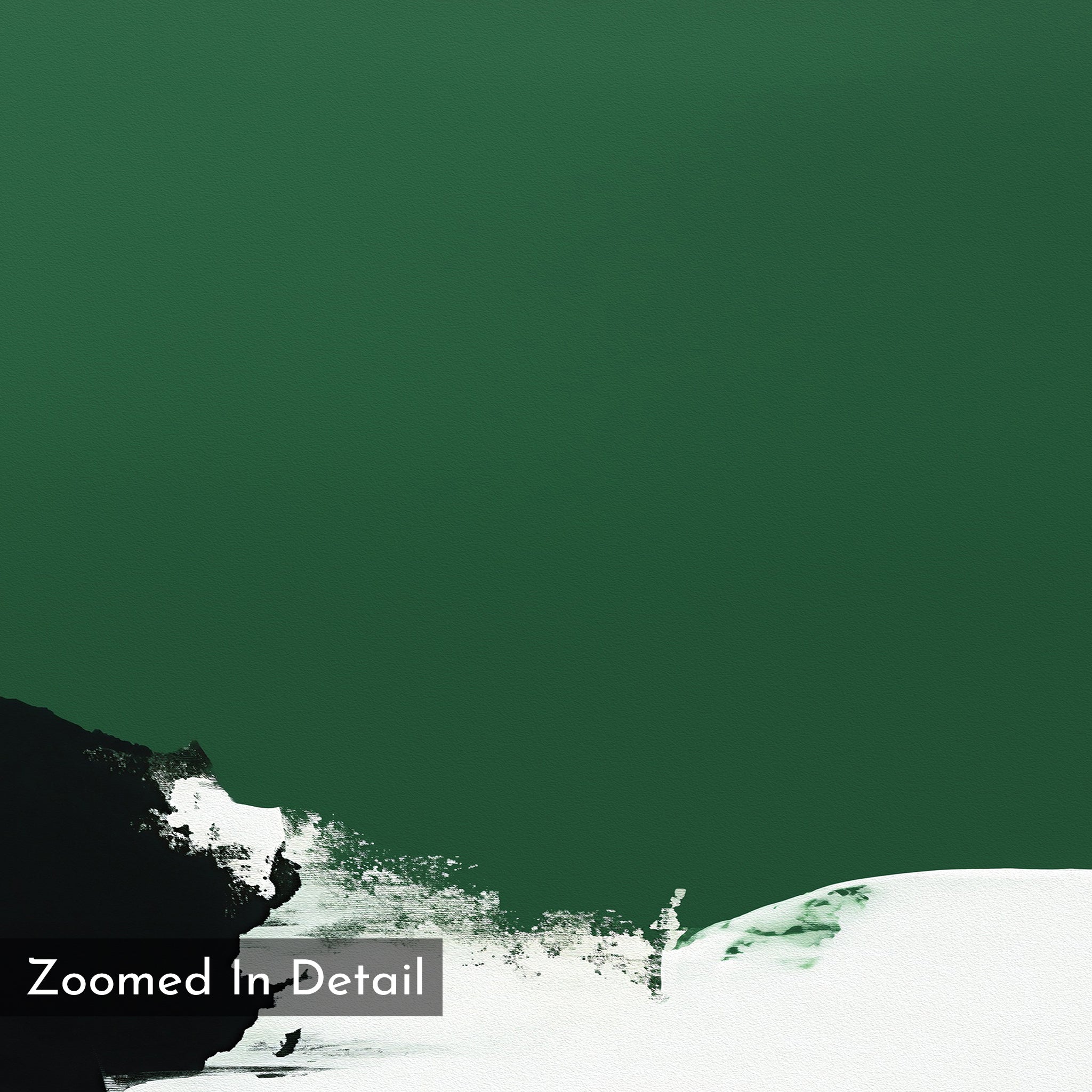 A digital image of the Jade Depths Canvas Art - Horizontal features emerald green wall art with black and white abstract strokes at the bottom. A translucent black box at the lower left shows the text "Zoomed In Detail.