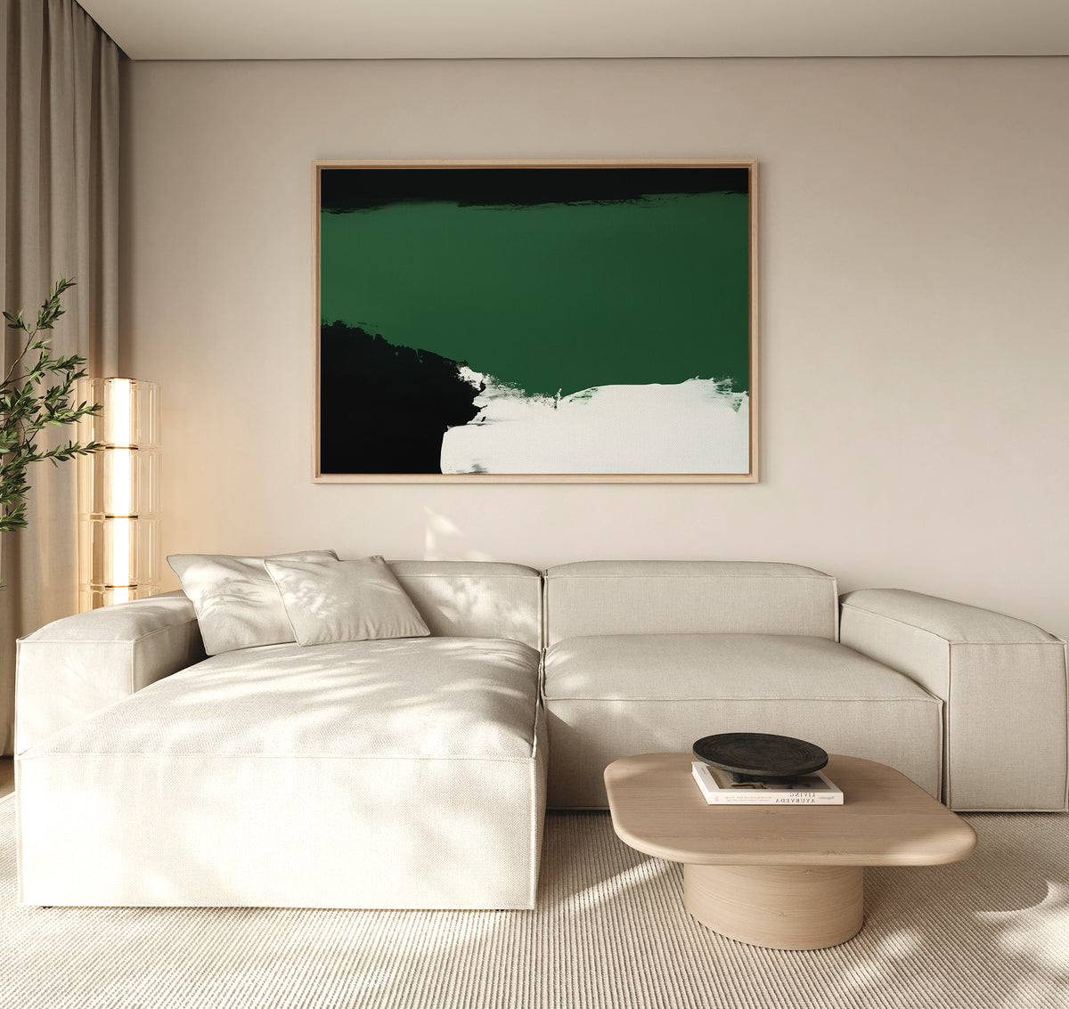 A modern living room featuring a light beige sectional sofa, a round wooden coffee table, and the Jade Depths Canvas Art - Horizontal above the sofa. A tall plant and sheer curtains in the corner complete the serene space.