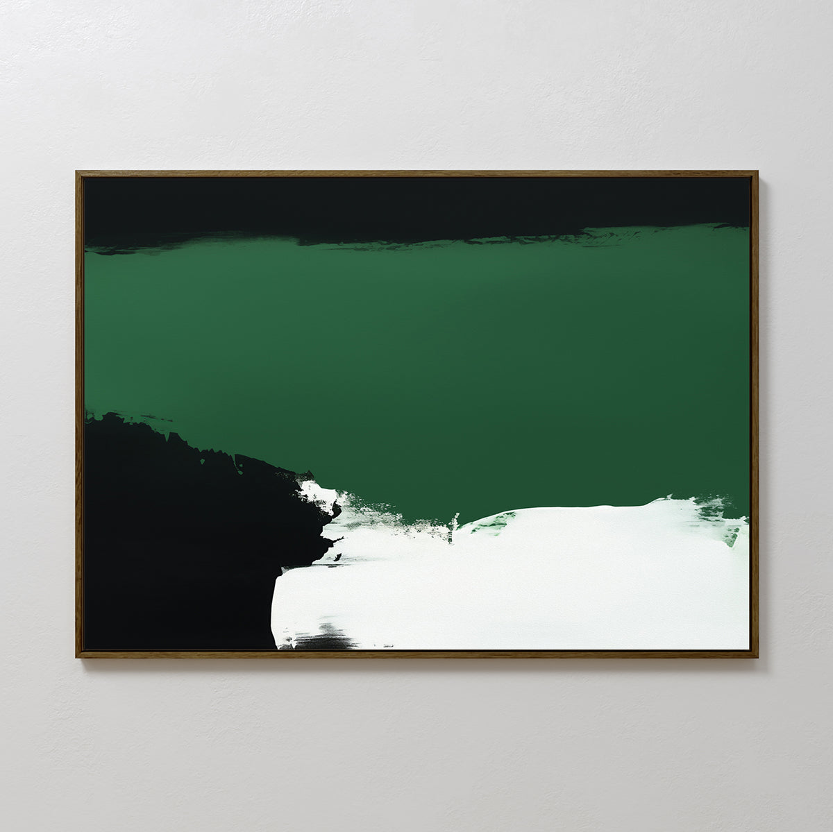 The Jade Depths Canvas Art - Horizontal features bold dark green, black, and white brushstrokes in a thin wooden frame, adding modern style and a calming vibe when displayed on a plain white wall.