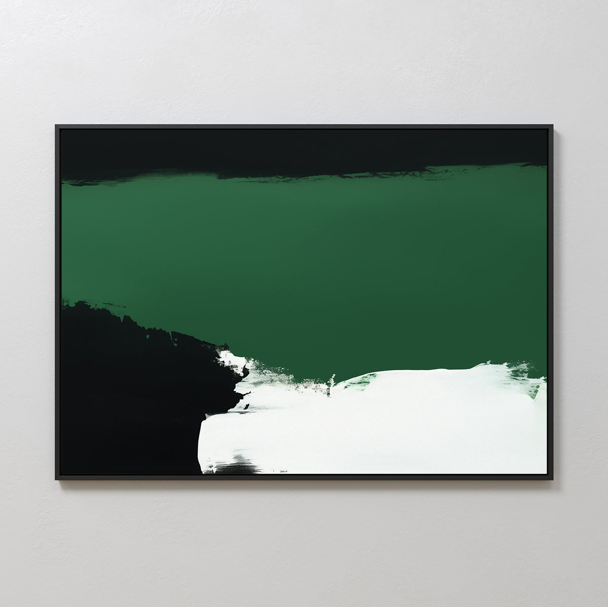 Jade Depths Canvas Art - Horizontal features bold horizontal brushstrokes in deep green, black, and white on a light backdrop, displayed in a simple black frame—a striking piece of modern wall art.