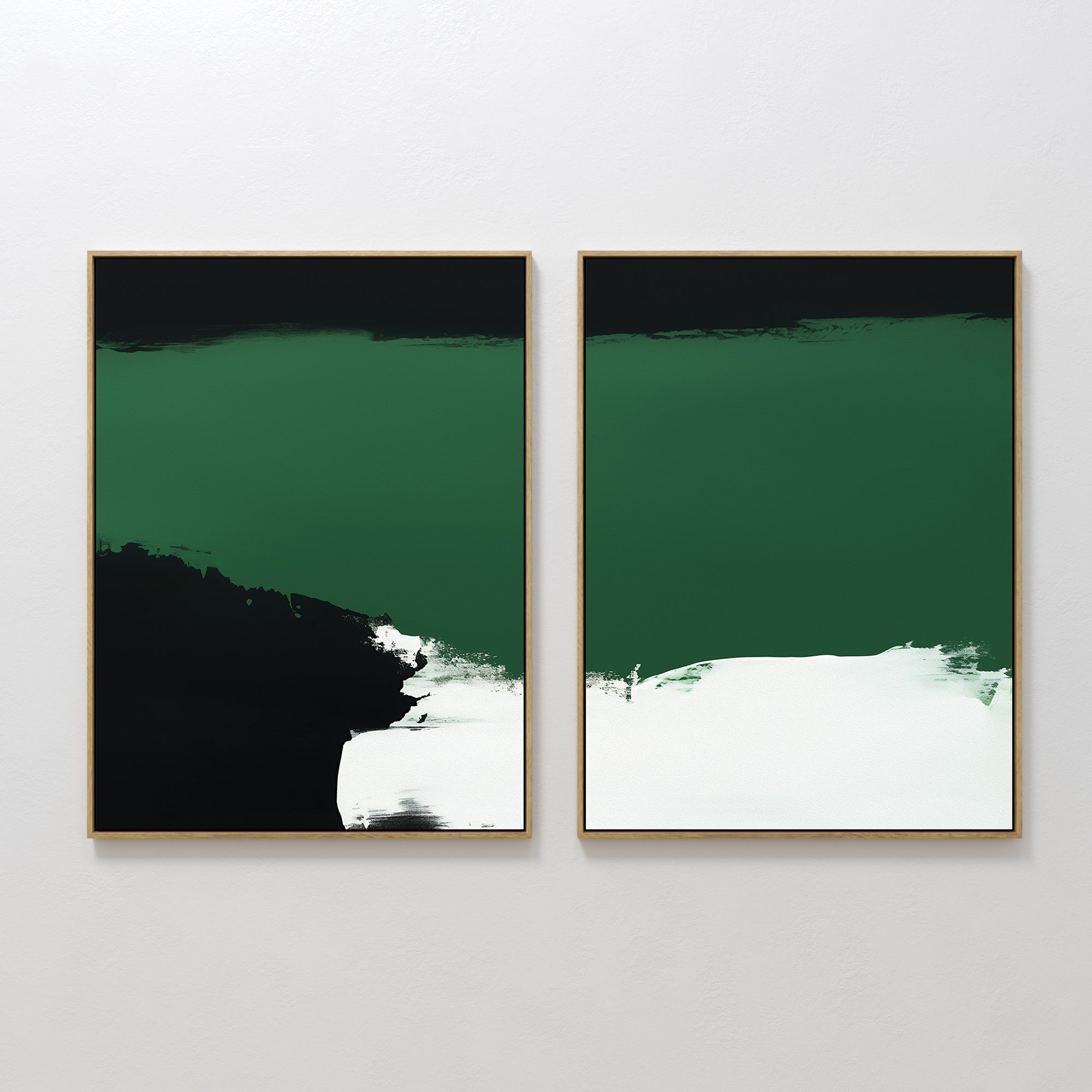 The Jade Depths - Set Of 2 features framed abstract prints with bold green, black, and white brushstrokes on a white background, offering modern, minimalist wall art—ideal for contemporary print lovers or modern living room decor.
