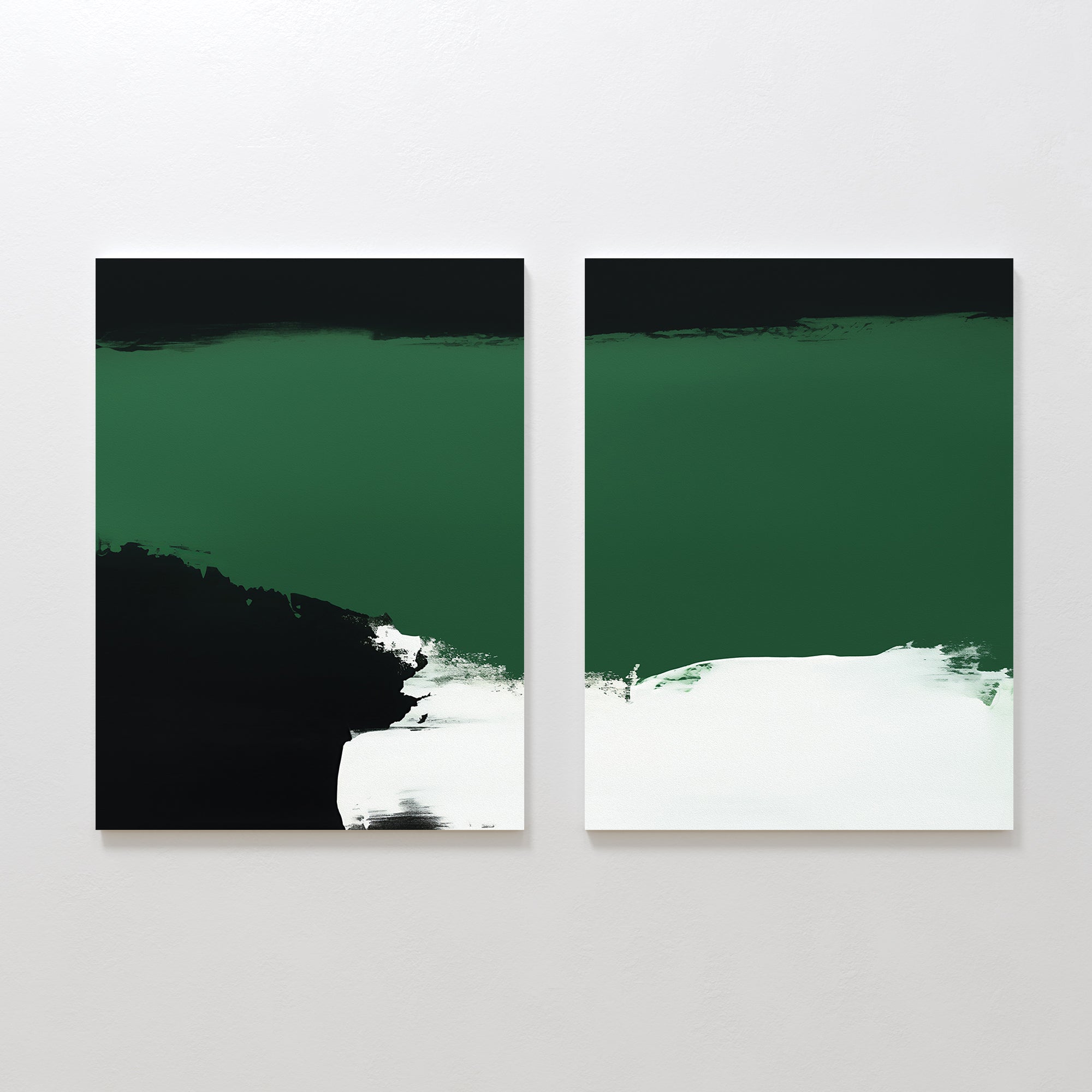 The Jade Depths - Set Of 2 features abstract wall art with bold horizontal bands of green, black, and white—an eye-catching choice for modern living room decor on a crisp white wall.