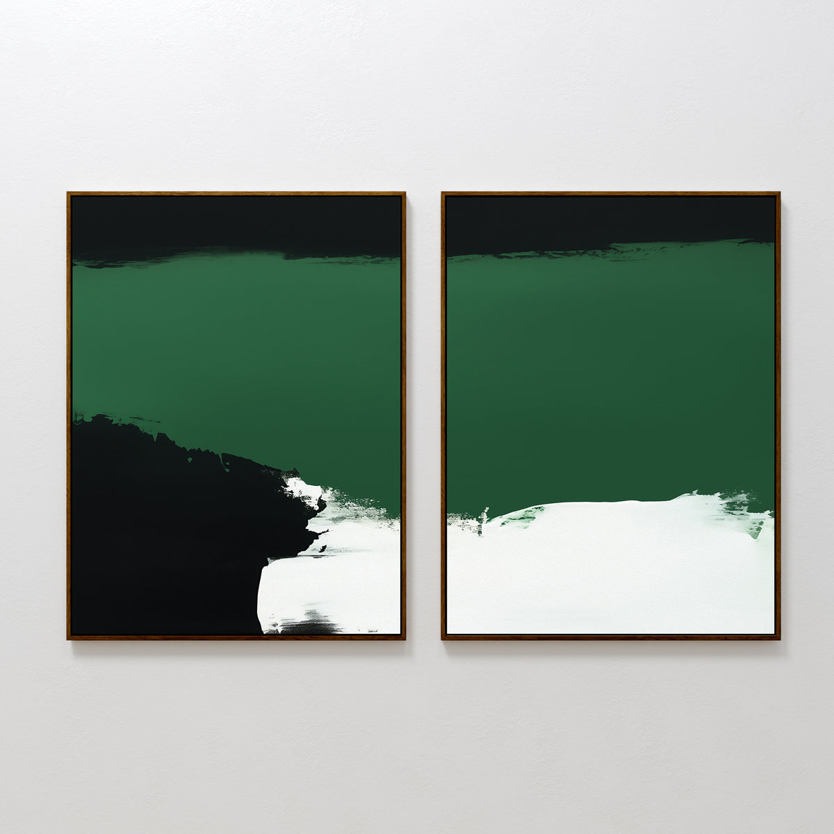 Jade Depths - Set Of 2: Abstract paintings with bold emerald green and sweeping black & white brushstrokes, displayed side by side in thin gold frames—ideal contemporary prints for modern living room decor.