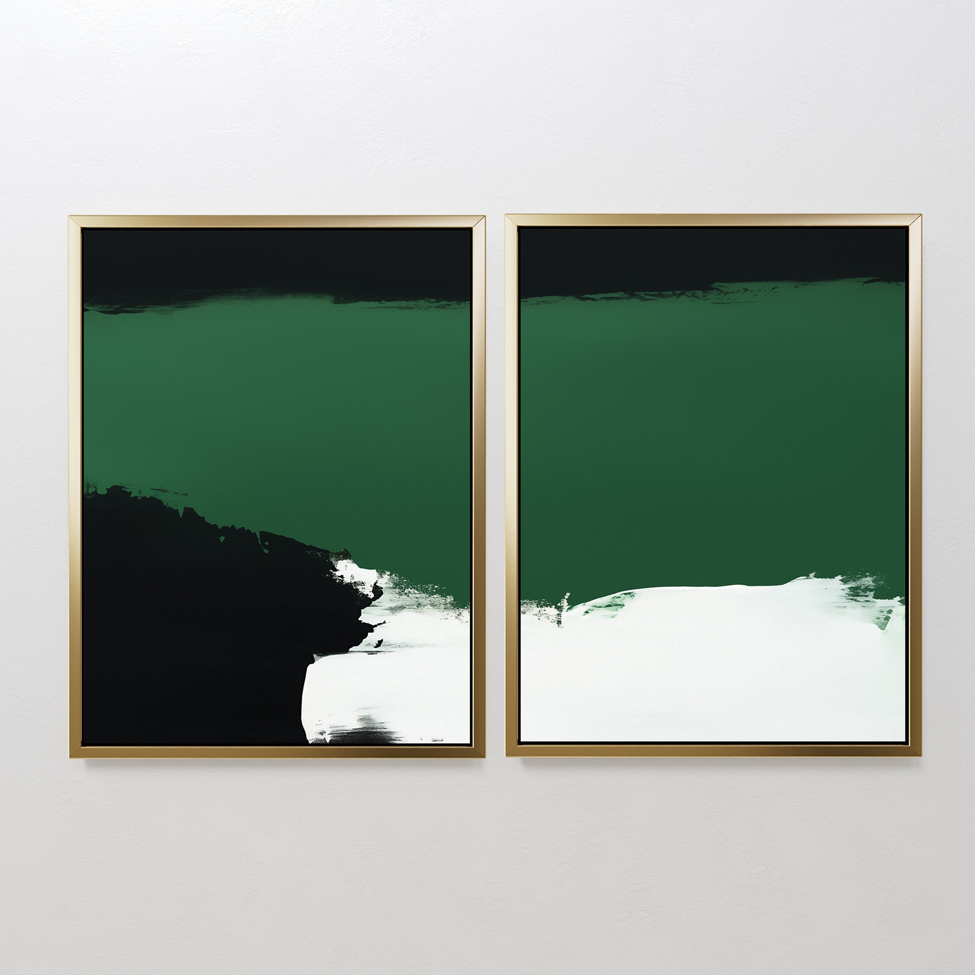 The "Jade Depths - Set Of 2" features two abstract gold-framed paintings with bold green, black, and white brushstrokes—perfect emerald green wall art for modern living rooms. The left piece is darker; the right fades to white at the bottom.