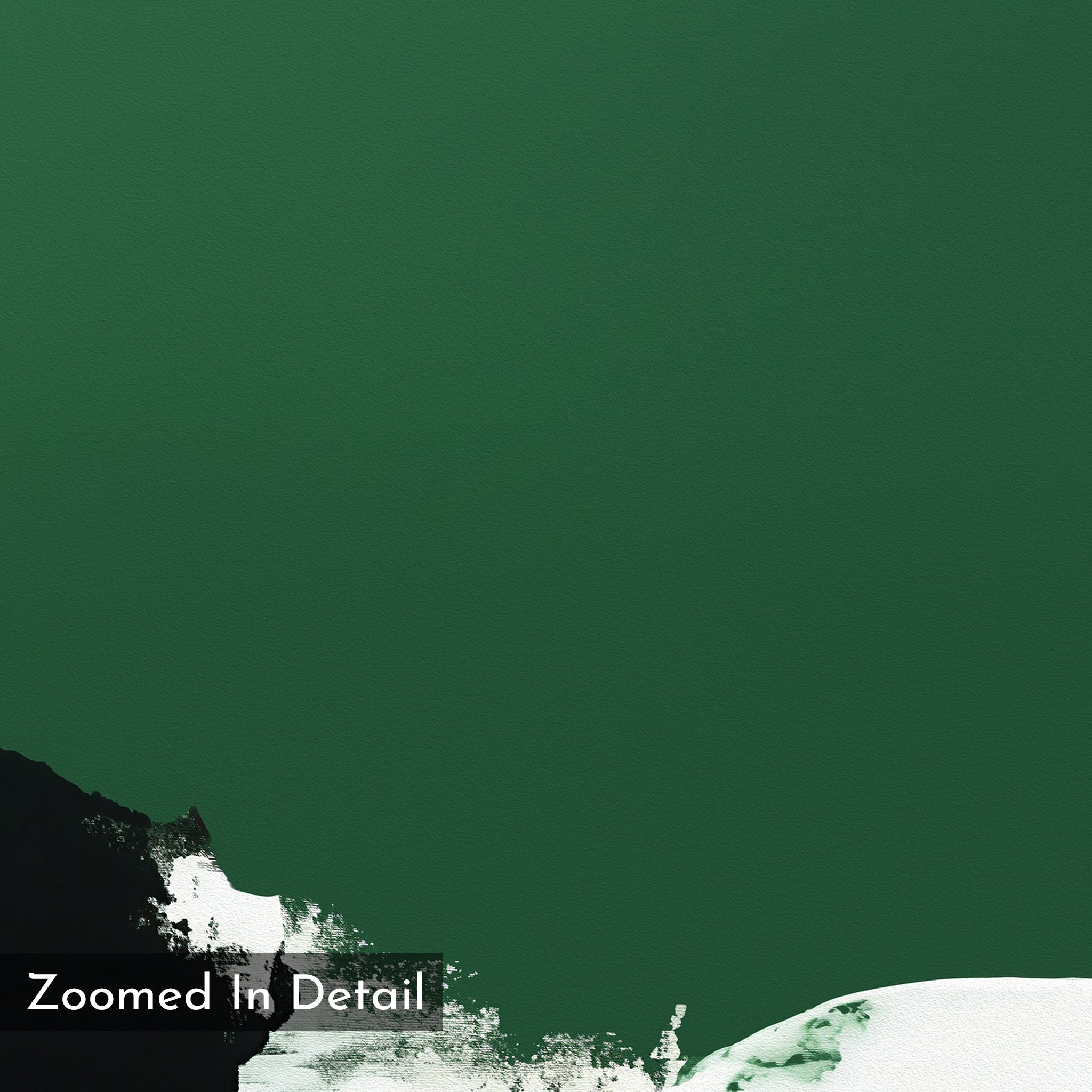 A close-up of a green textured surface with black and white paint marks highlights the Jade Depths Canvas Art - Square, ideal as emerald green wall art for contemporary print lovers. “Zoomed In Detail” appears in the lower left corner.