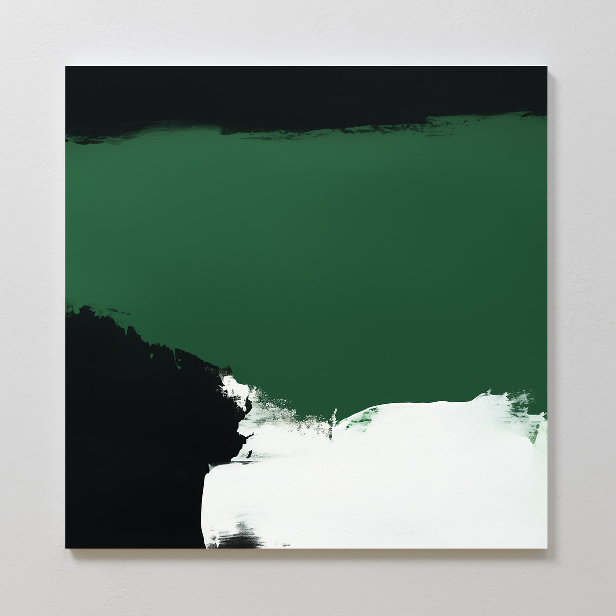 The Jade Depths Canvas Art - Square features bold horizontal strokes of dark green and black with a textured white accent, making it the perfect emerald green wall art for modern living room decor.