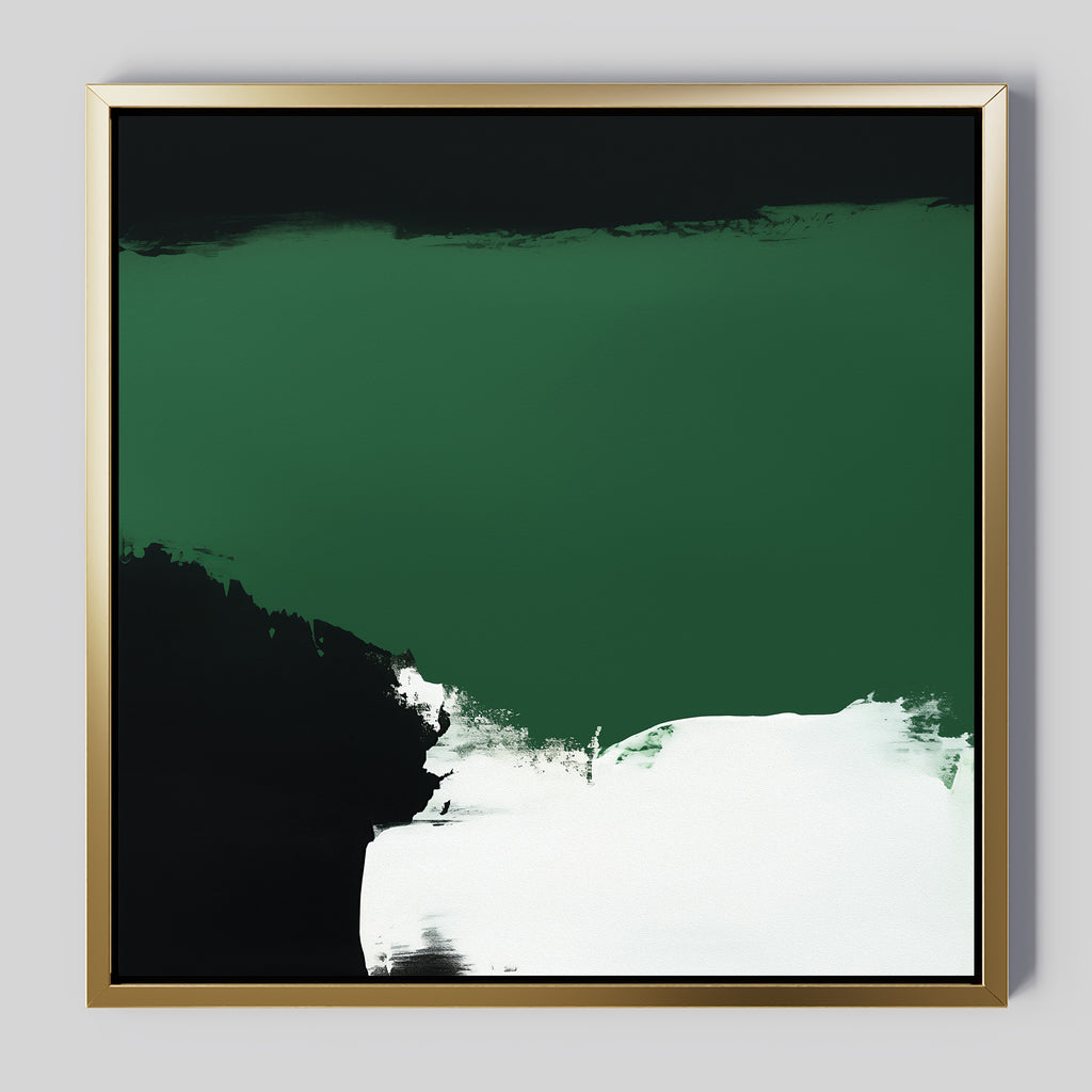 Jade Depths Canvas Art - Square: abstract emerald green wall art with a gold frame, bold green top, dark left, and sweeping white brushstroke—perfect modern decor for living rooms with light gray walls.