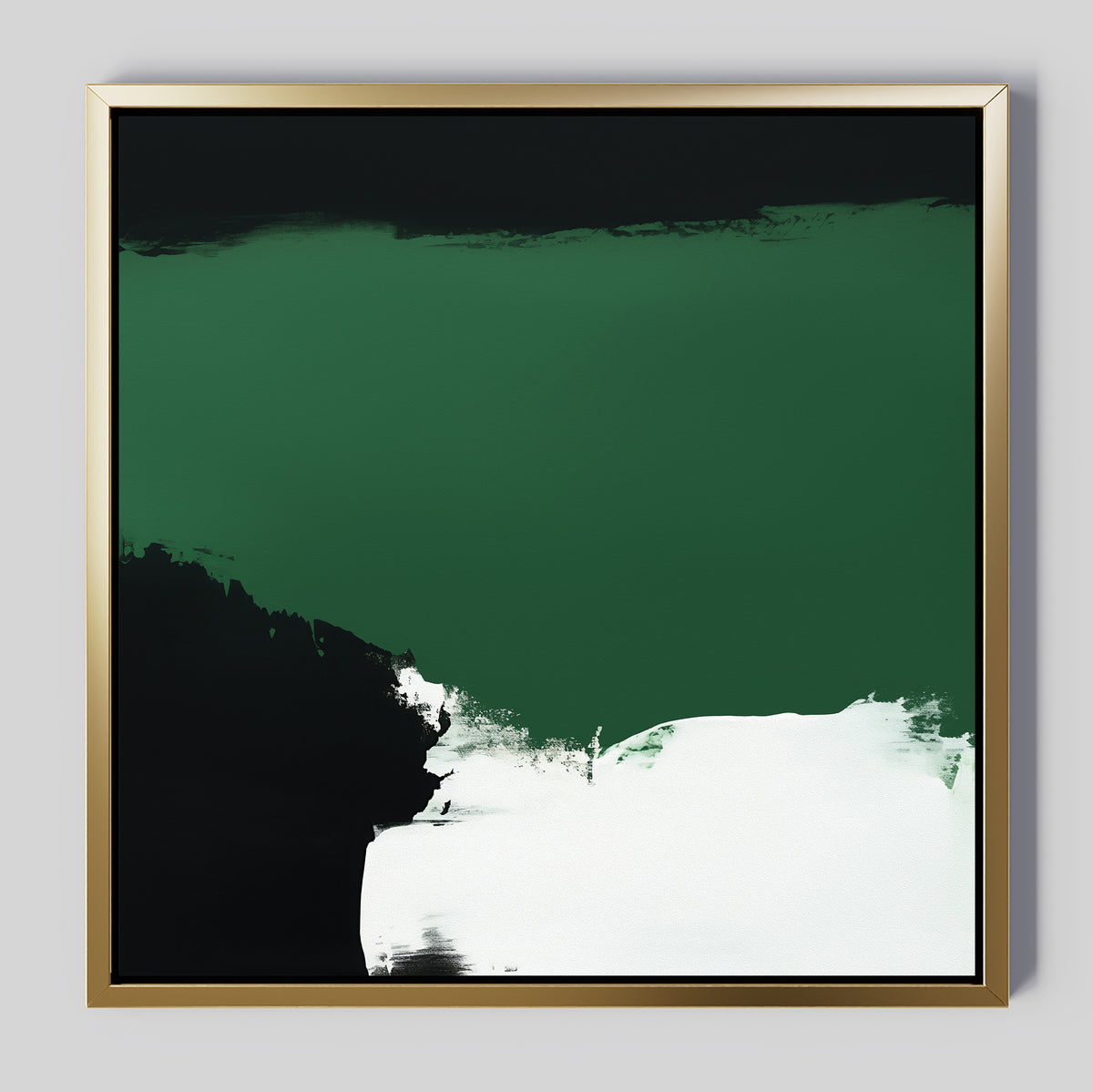 Jade Depths Canvas Art - Square: abstract emerald green wall art with a gold frame, bold green top, dark left, and sweeping white brushstroke—perfect modern decor for living rooms with light gray walls.