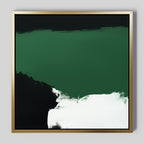 Jade Depths Canvas Art - Square: abstract emerald green wall art with a gold frame, bold green top, dark left, and sweeping white brushstroke—perfect modern decor for living rooms with light gray walls.
