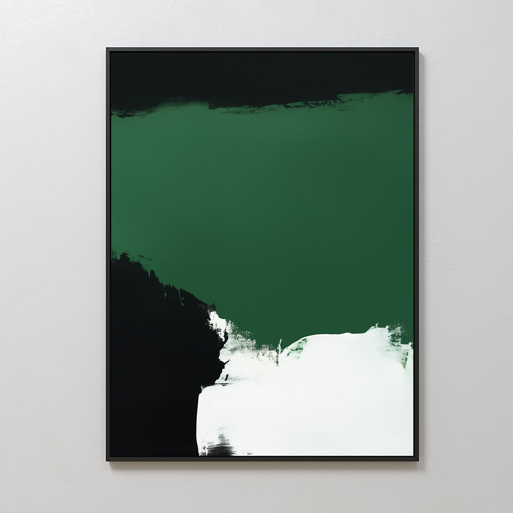 The Jade Depths Canvas Art - Vertical is a minimalist abstract piece featuring emerald green hues, dark green and black accents, and a bold white brushstroke—ideal as contemporary wall decor for a modern living room.