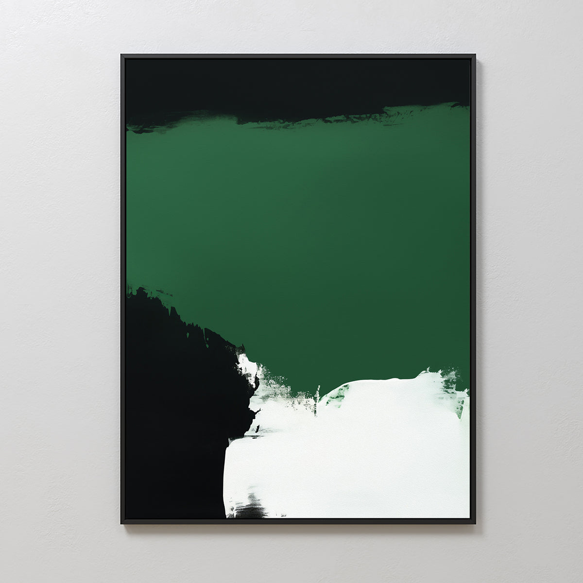 The Jade Depths Canvas Art - Vertical is a minimalist abstract piece featuring emerald green hues, dark green and black accents, and a bold white brushstroke—ideal as contemporary wall decor for a modern living room.