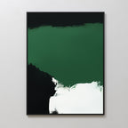 The Jade Depths Canvas Art - Vertical is a minimalist abstract piece featuring emerald green hues, dark green and black accents, and a bold white brushstroke—ideal as contemporary wall decor for a modern living room.
