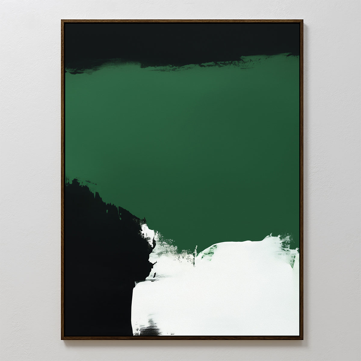 The Jade Depths Canvas Art - Vertical features a bold emerald green upper section, black lower left, and a striking white brushstroke—perfect contemporary decor for any modern living room.