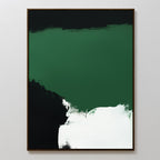 The Jade Depths Canvas Art - Vertical features a bold emerald green upper section, black lower left, and a striking white brushstroke—perfect contemporary decor for any modern living room.