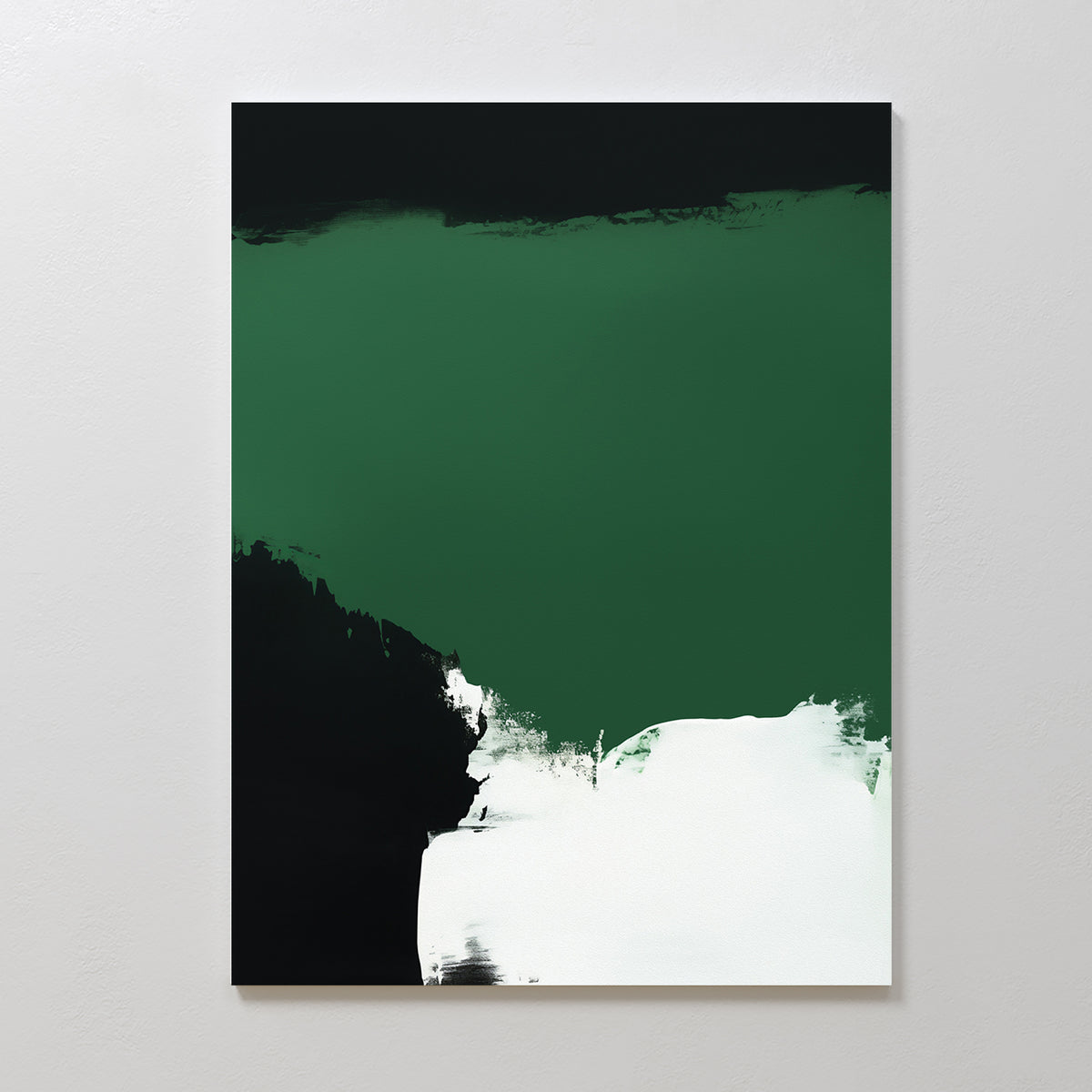 Jade Depths Canvas Art - Vertical showcases large blocks of dark green, black, and white. This contemporary print adds bold contrast and a minimalist touch—perfect emerald green wall art for modern living room decor.