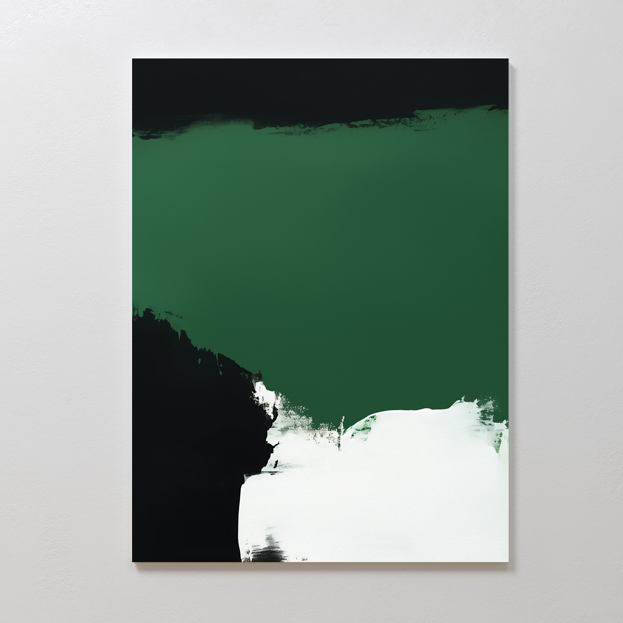 Jade Depths Canvas Art - Vertical showcases large blocks of dark green, black, and white. This contemporary print adds bold contrast and a minimalist touch—perfect emerald green wall art for modern living room decor.