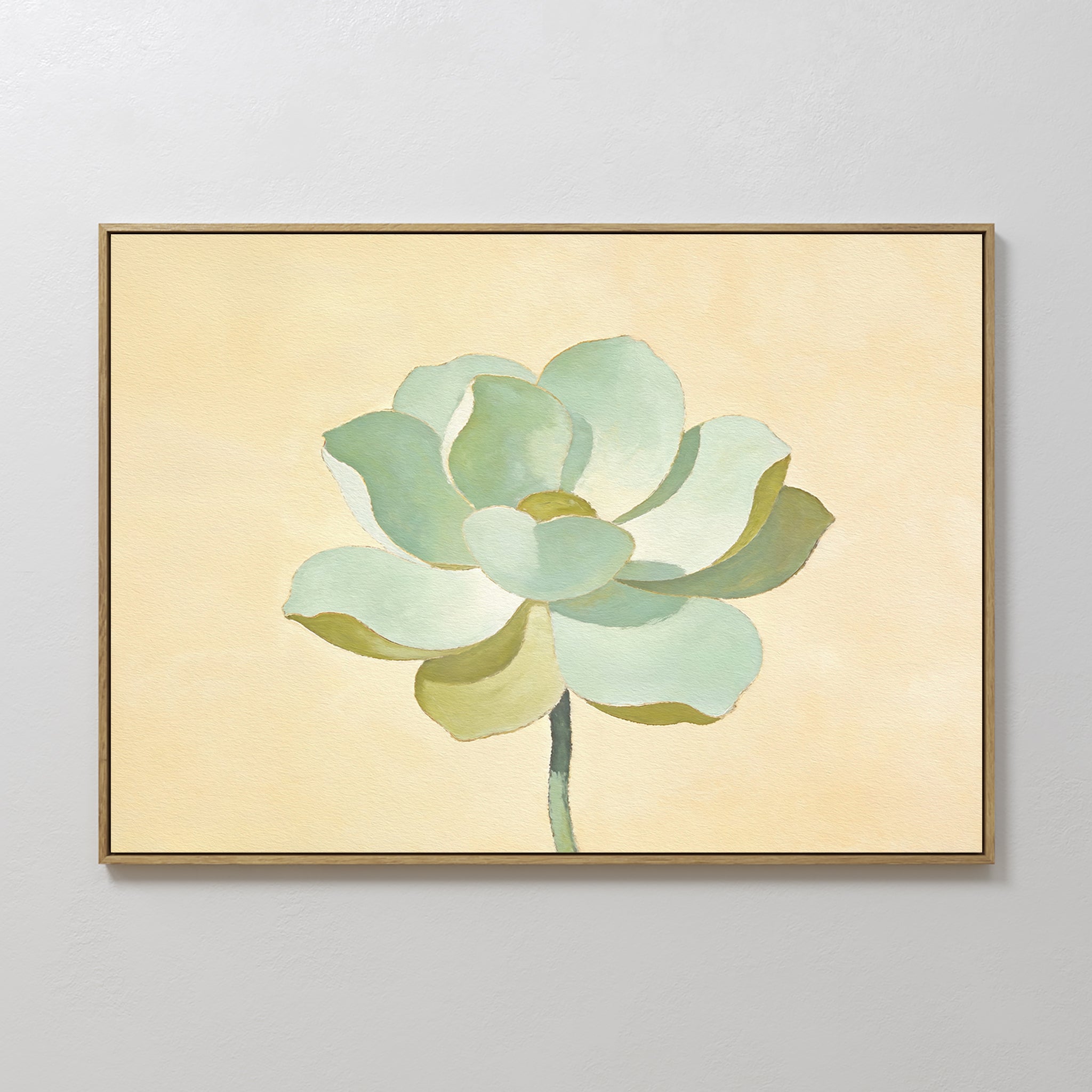 The Jade Reflection Canvas Art - Horizontal showcases a single green succulent with rounded petals on a pale yellow background, offering elegant minimalist décor for any light-colored room.
