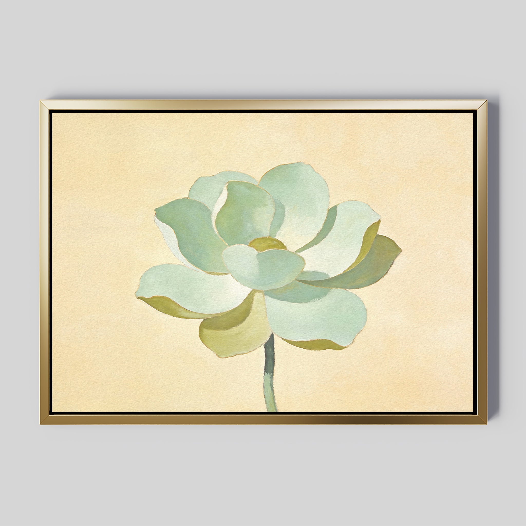 The Jade Reflection Canvas Art - Horizontal showcases a single greenish-blue flower with overlapping petals and a slender stem on a light beige background, ideal for adding sage green decor to any space.