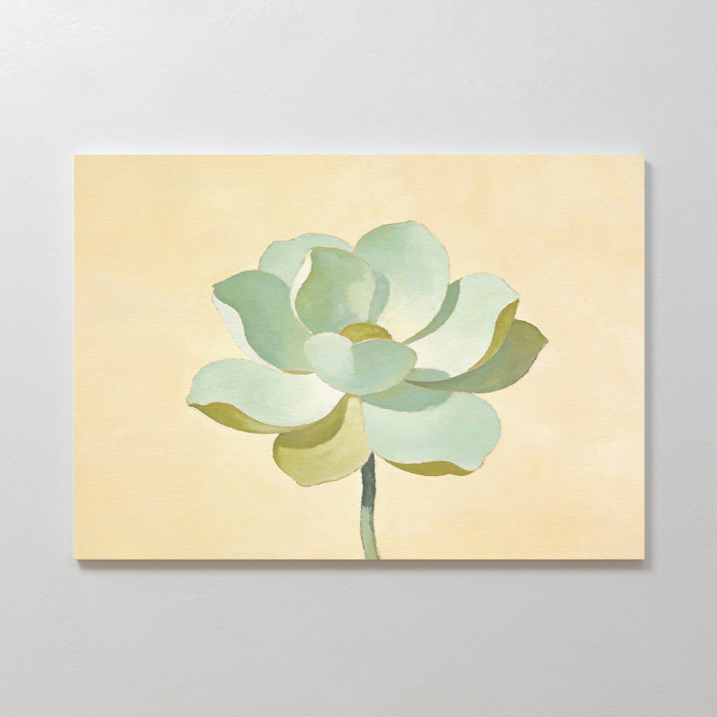 Jade Reflection Canvas Art - Horizontal features a single green succulent with soft, rounded petals on a light beige background. This minimalist botanical print is ideal for sage green decor or as serene, modern wall art.