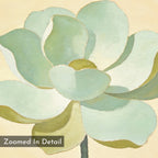 A detailed painted illustration of a green succulent with soft, overlapping petals on a pale background—the Jade Reflection Canvas Art - Horizontal makes striking minimalist wall decor. “Zoomed In Detail” appears in the lower left corner.