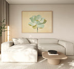 A modern living room features a light beige sectional, a light wood coffee table, and the Jade Reflection Canvas Art - Horizontal above the sofa. Neutral tones, sage green accents, and soft natural light create an inviting atmosphere.