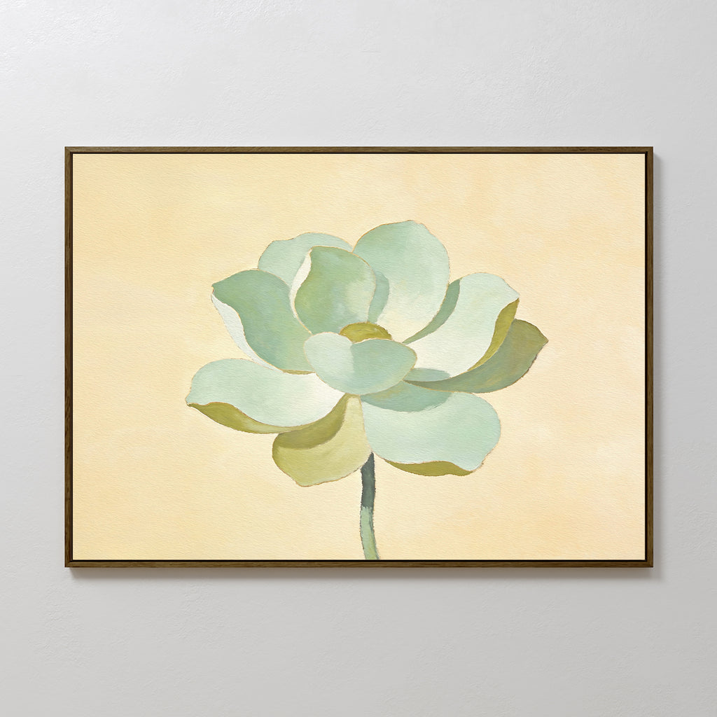 Jade Reflection Canvas Art - Horizontal: A framed botanical print showcasing a single green succulent with soft, rounded petals on a pale yellow background—ideal minimalist wall art for enhancing your sage green decor.