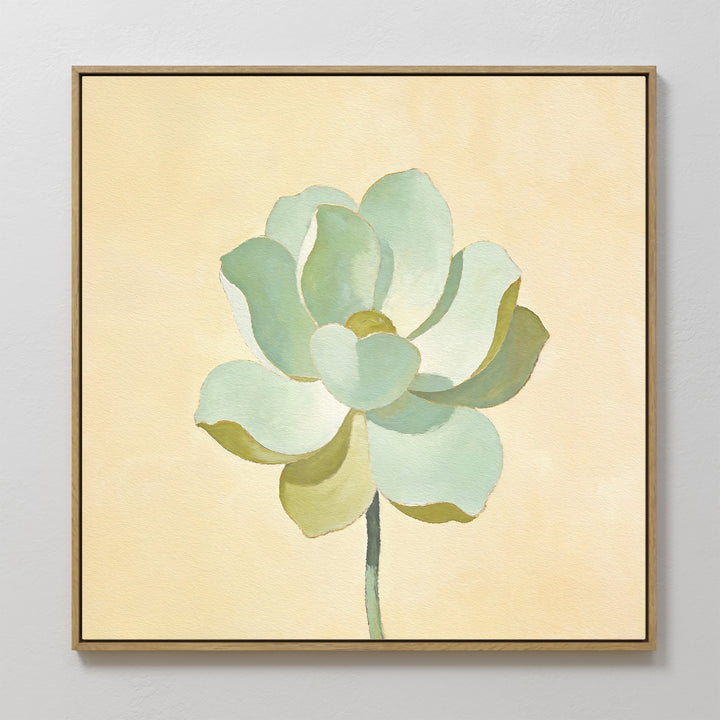 The Jade Reflection Canvas Art - Square features a framed watercolor of a single green succulent with soft, rounded petals on a light beige background, offering minimalist botanical wall art inspired by calming Nordic Park style.