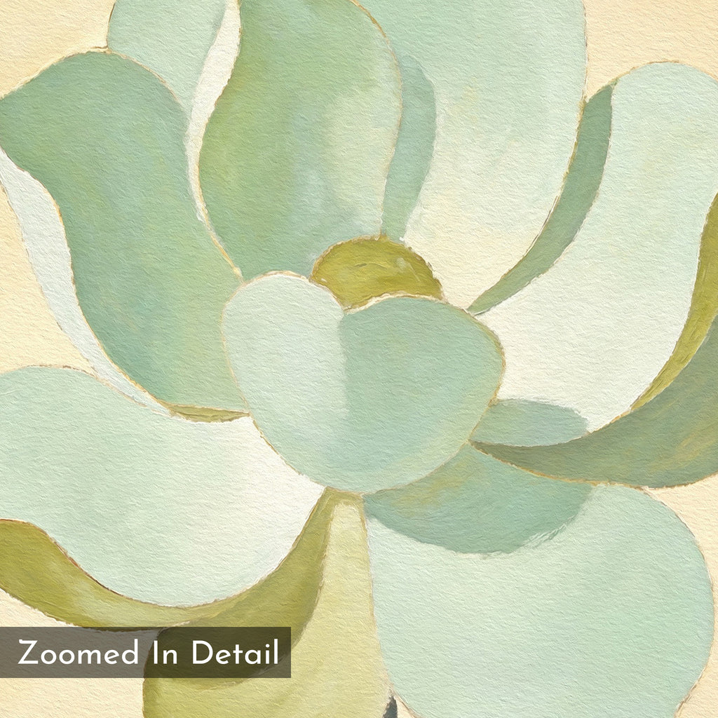 Jade Reflection Canvas Art - Square features a close-up of abstract, overlapping green and blue petals with soft, textured brushstrokes. A label in the bottom left corner reads "Zoomed In Detail.