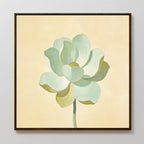 The Jade Reflection Canvas Art - Square showcases a light green succulent with soft petals on a pale beige background, framed in slim dark wood and displayed on a white wall for a minimalist look.