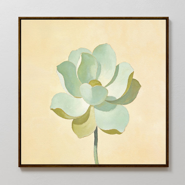 The Jade Reflection Canvas Art - Square showcases a light green succulent with soft petals on a pale beige background, framed in slim dark wood and displayed on a white wall for a minimalist look.