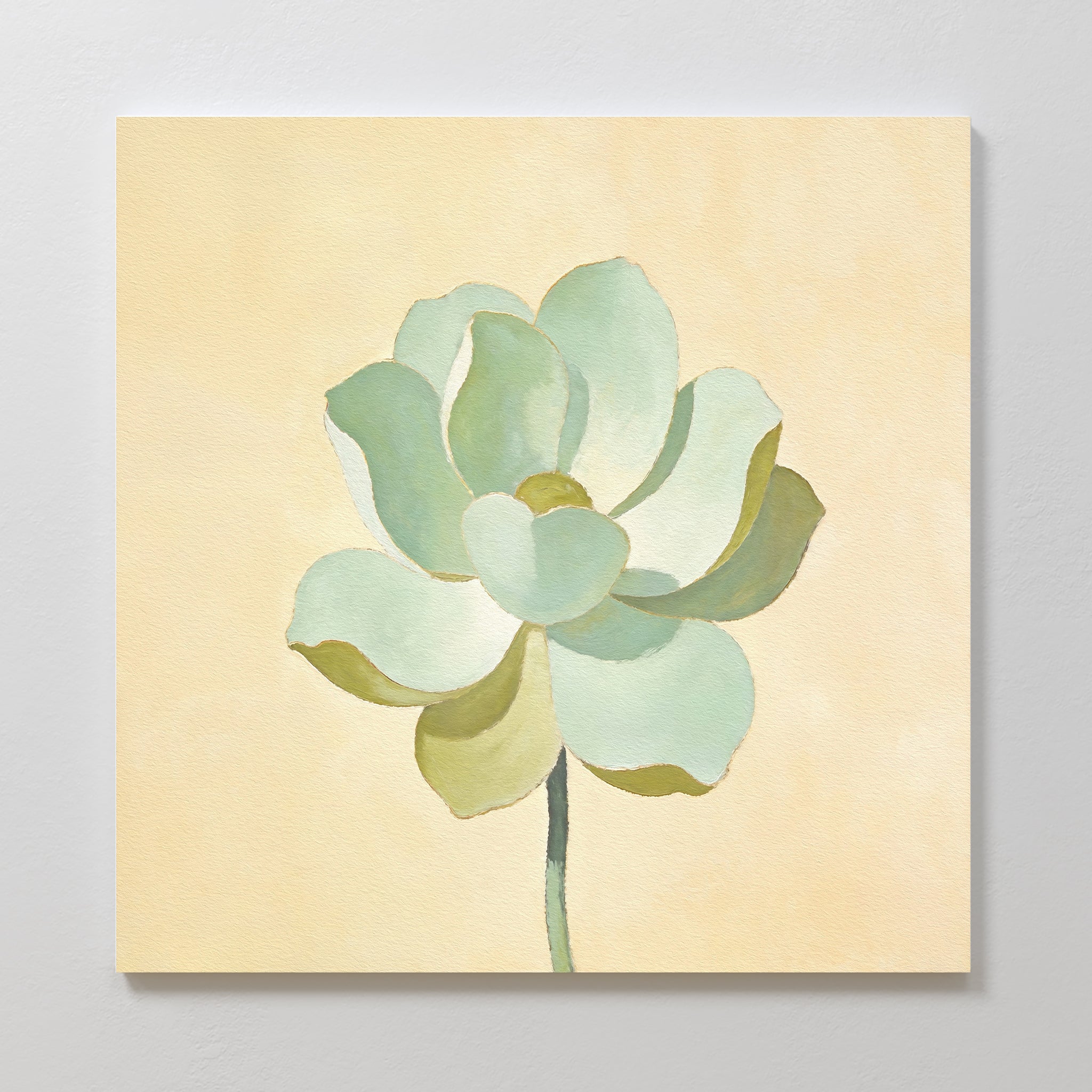 The Jade Reflection Canvas Art - Square features a minimalist watercolor of a pale green flower with soft, rounded petals on a light beige background, adding a gentle and serene touch to any room.