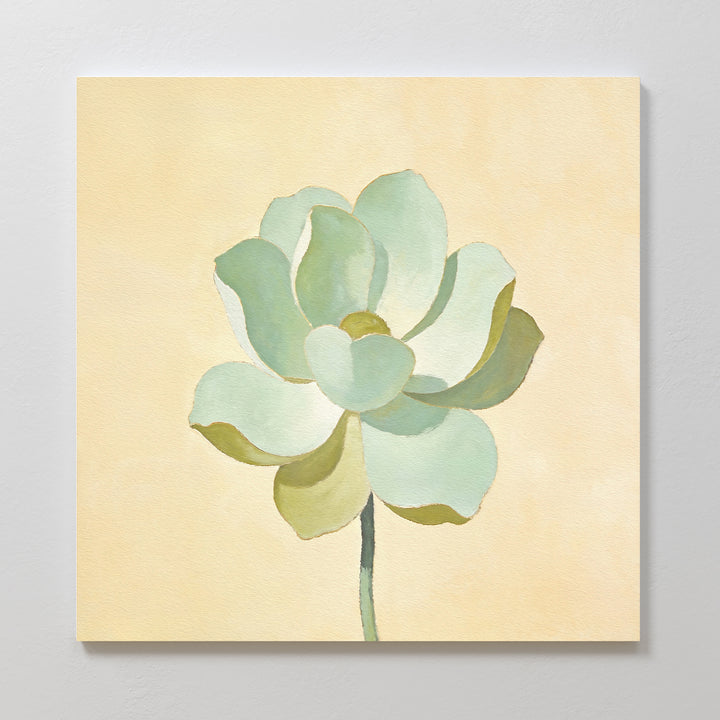The Jade Reflection Canvas Art - Square features a minimalist watercolor of a pale green flower with soft, rounded petals on a light beige background, adding a gentle and serene touch to any room.